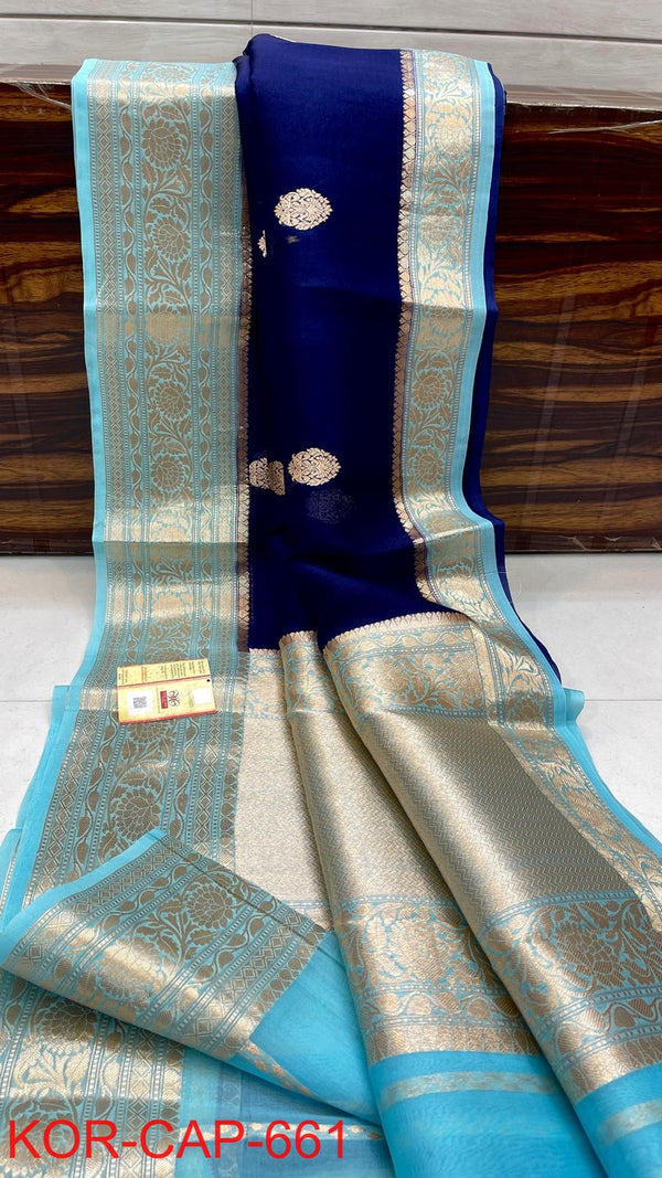 Benaras Kora Silk Saree — Navy with Sky Blue Border