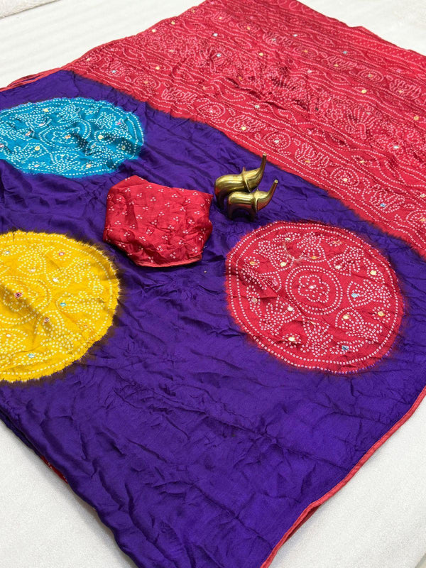 Moss Bandhani Saree with Mirror Work - Red and Blue