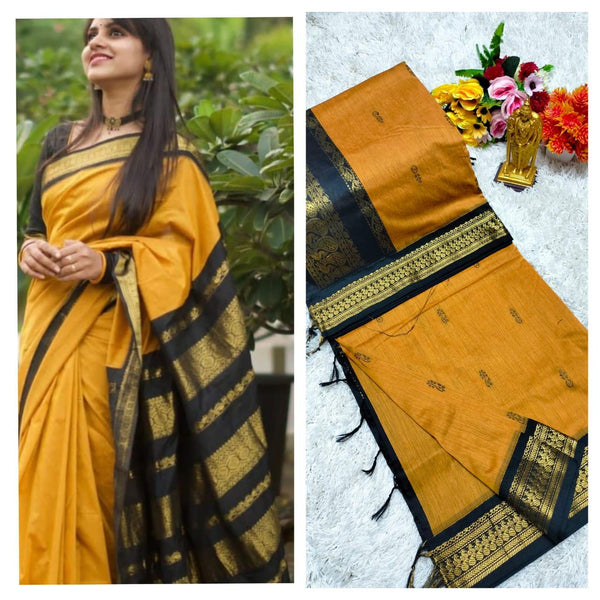 Kalyani Cotton Saree — Mustard with Black Jari Pallu