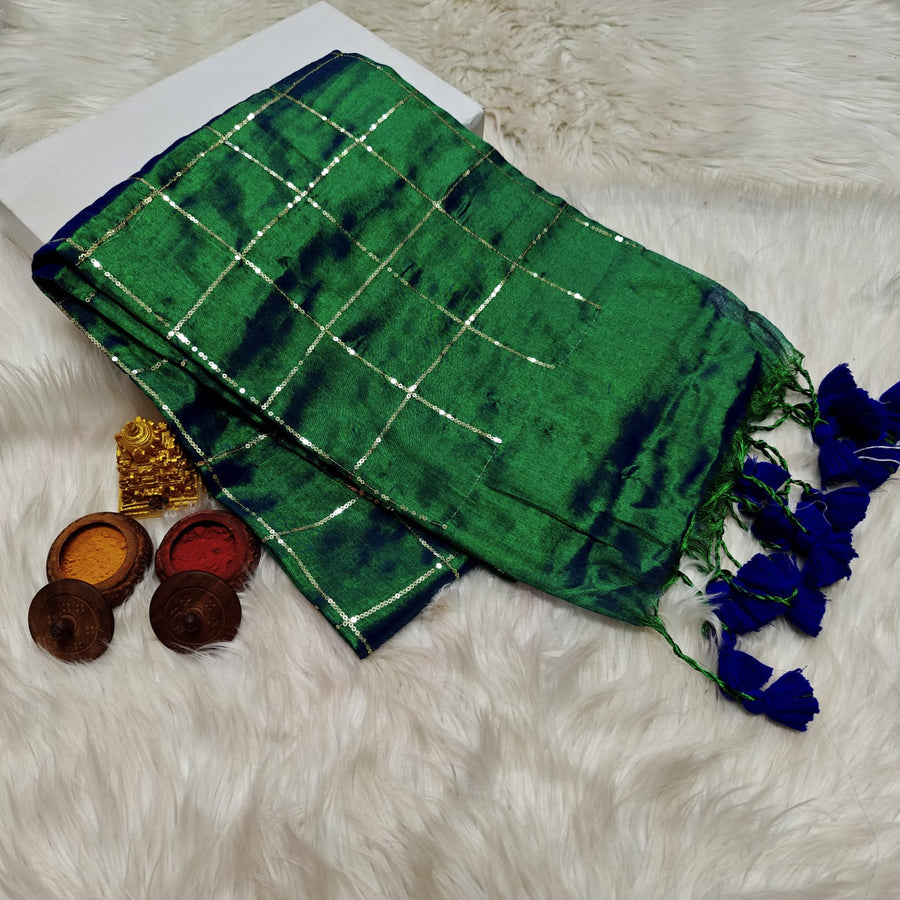 Khadi Cotton Saree — Forest Green with Zari Checks