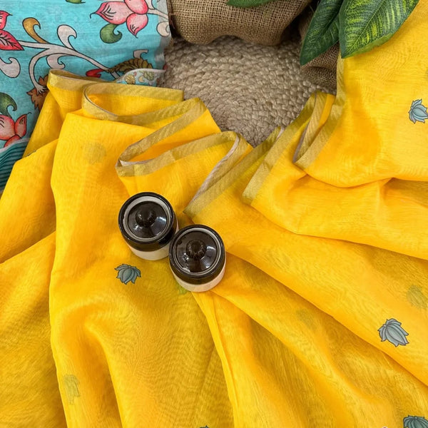 Linen Cotton Saree — Yellow with Pen Kalamkari Blouse