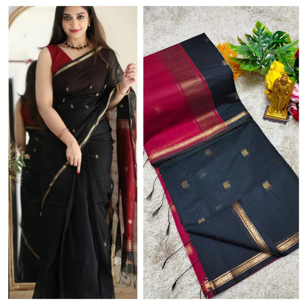 Maheswari Saree — Black with Maroon Border
