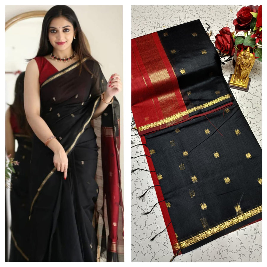 Maheswari Saree — Black with Red Border