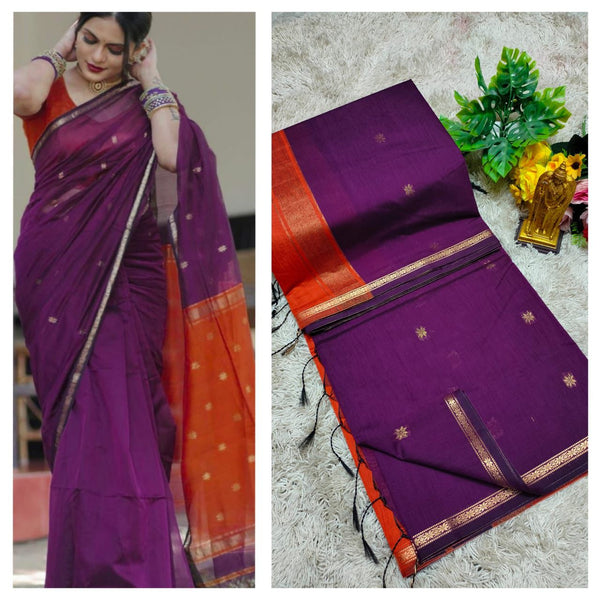 Maheswari Saree — Purple with Orange Red Border