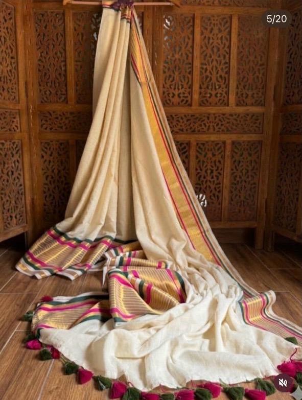 Mul Mul Cotton Saree — Cream with Multicolour Border