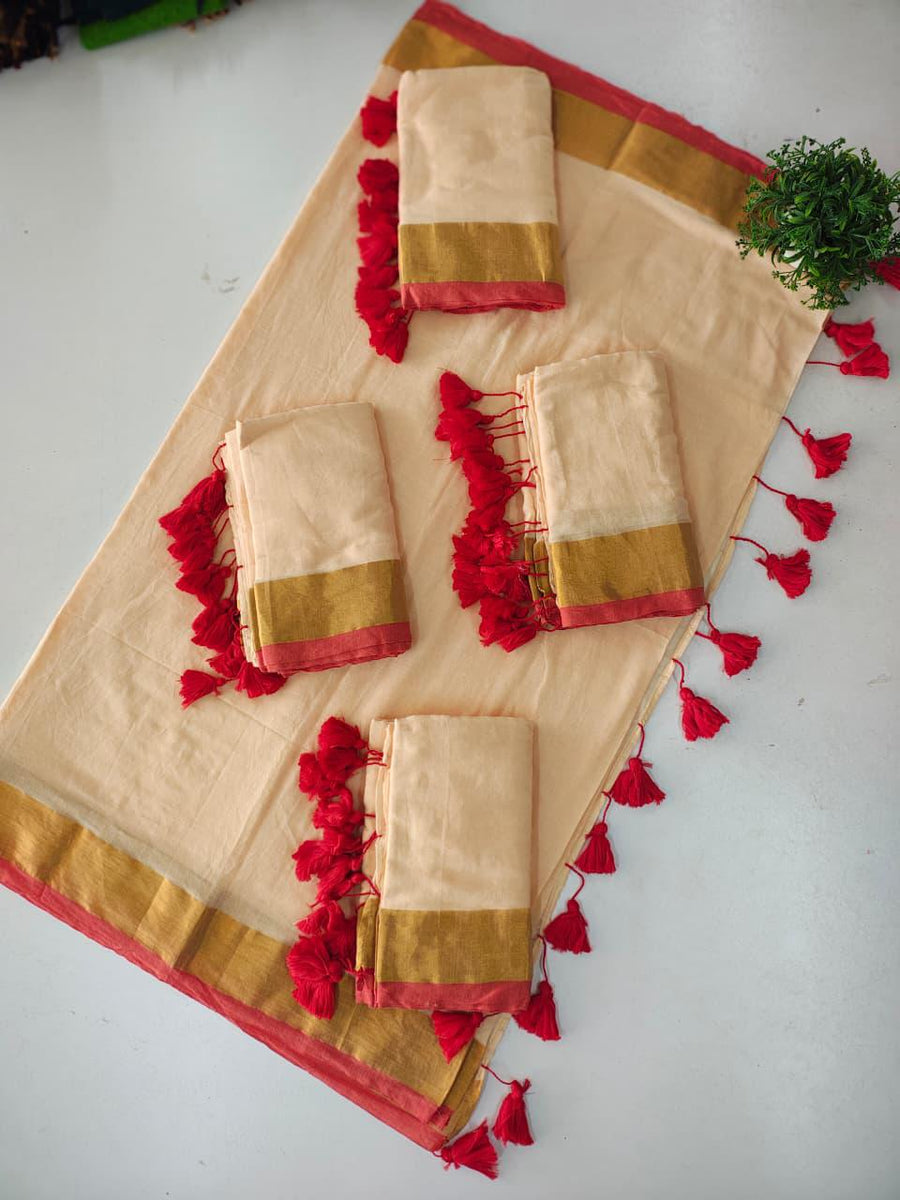 Mul Mul Cotton Saree — Cream with Red Border
