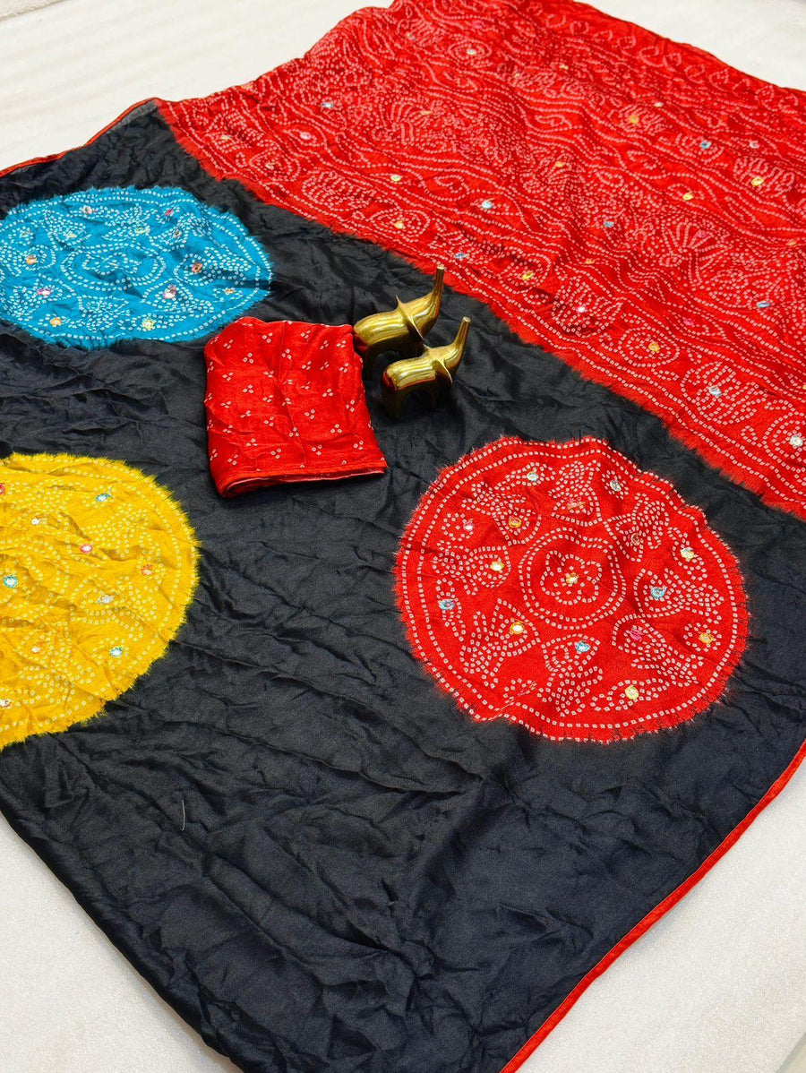 Moss Bandhani Saree with Mirror Work - Black with multi color