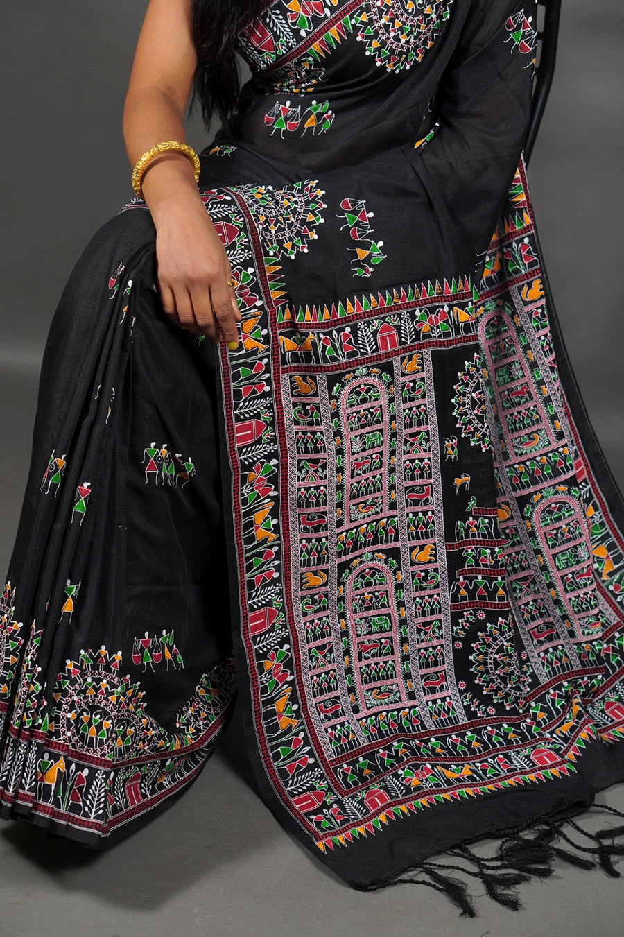 khadi by cotton - Madhubani printed sarees , black