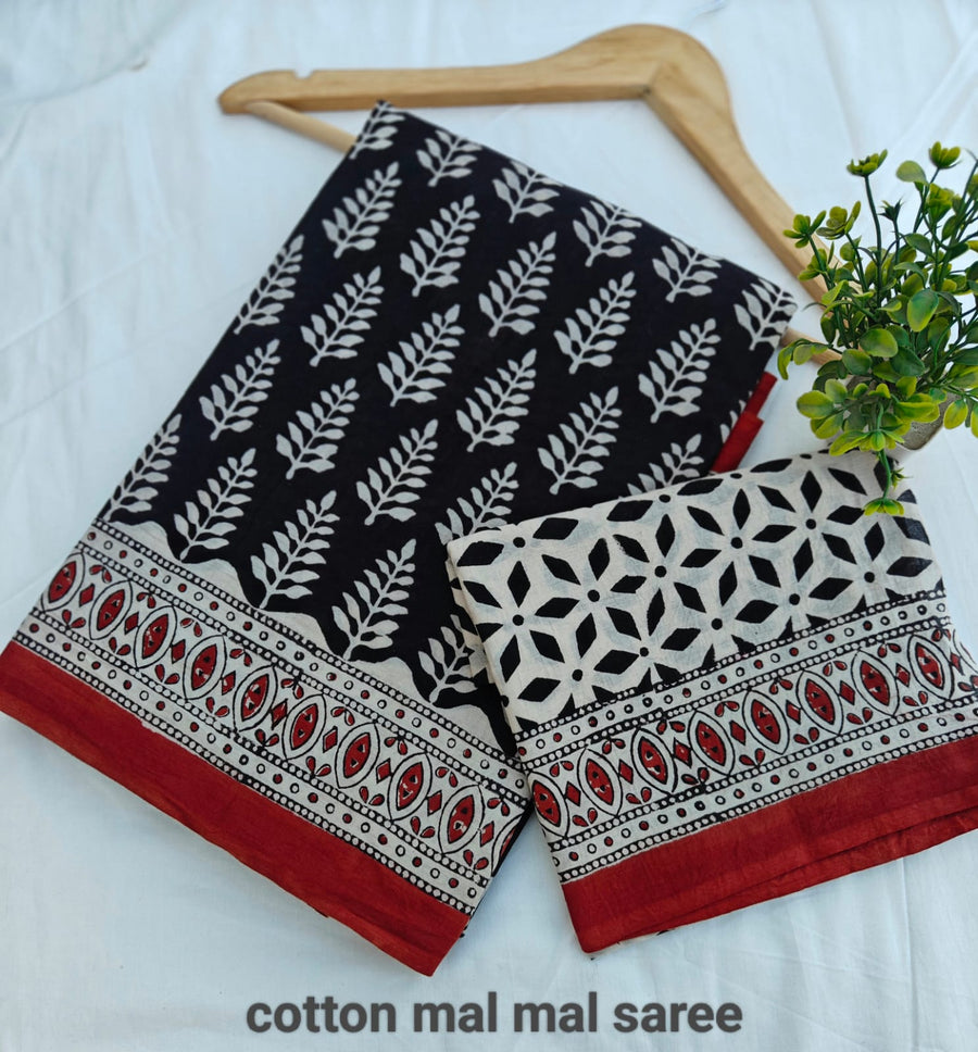 Hand block printed cotton mul saree with blouse.