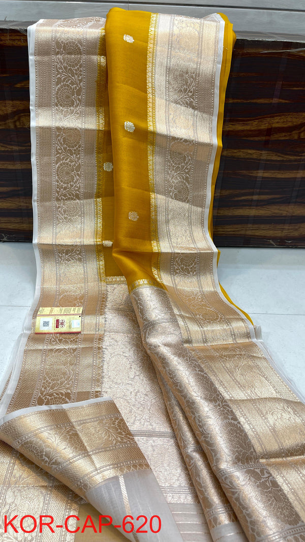 Benaras Kora Silk Saree — Mustard with Beige Border