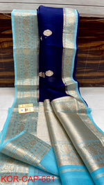 Benaras Kora Silk Saree — Navy with Sky Blue Border