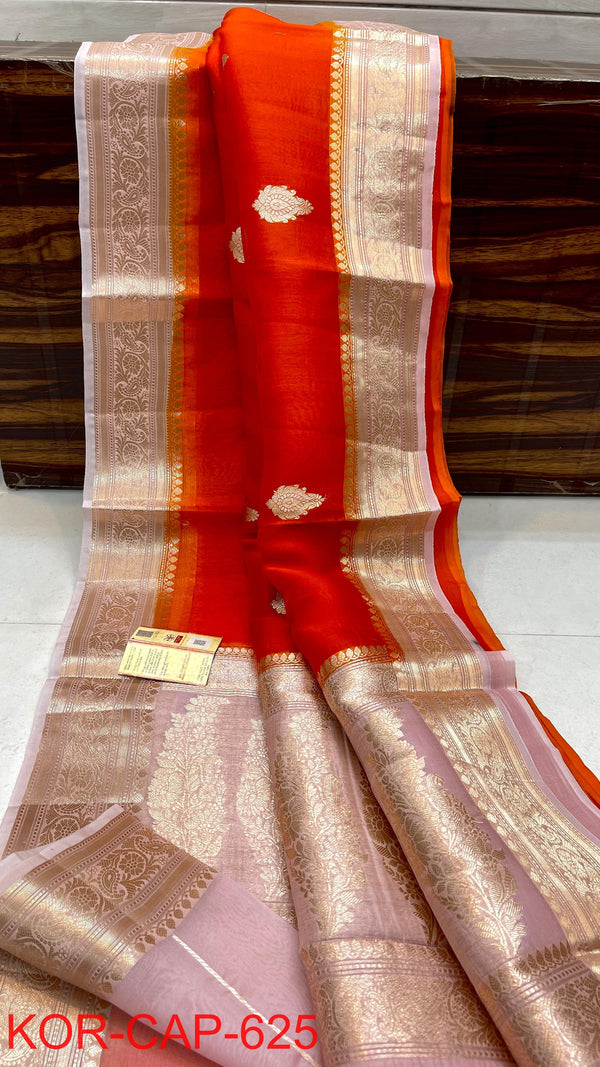 Benaras Kora Silk Saree — Orange Red with Blush Border
