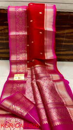 Benaras Kora Silk Saree — Red with Hot Pink Border