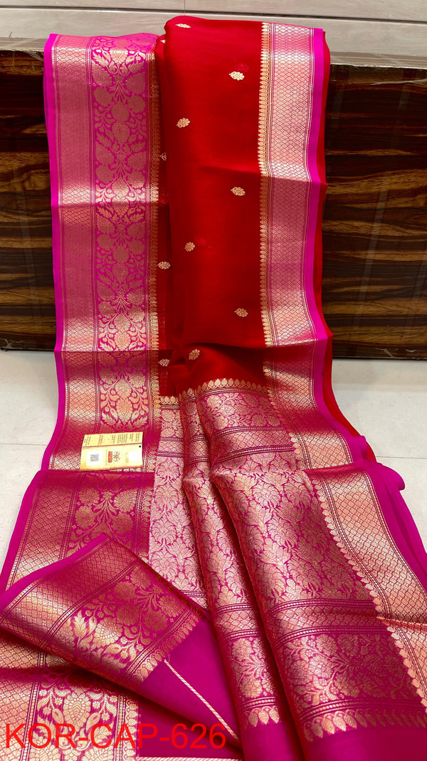 Benaras Kora Silk Saree — Red with Hot Pink Border