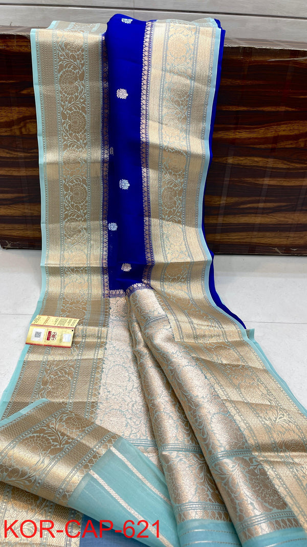 Benaras Kora Silk Saree — Royal Blue with Sky Blue Border