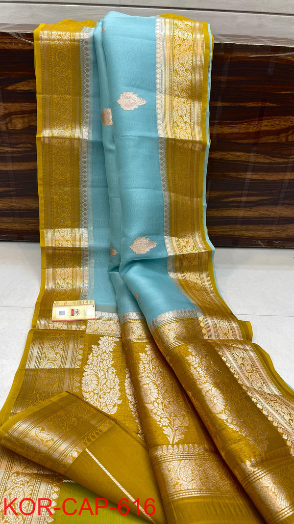 Benaras Kora Silk Saree — Sky Blue with Olive Border