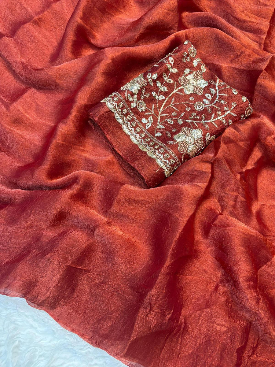 Crush Salsa Party Wear Saree — Brick Red