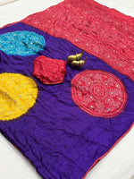 Moss Bandhani Saree with Mirror Work - Red and Blue