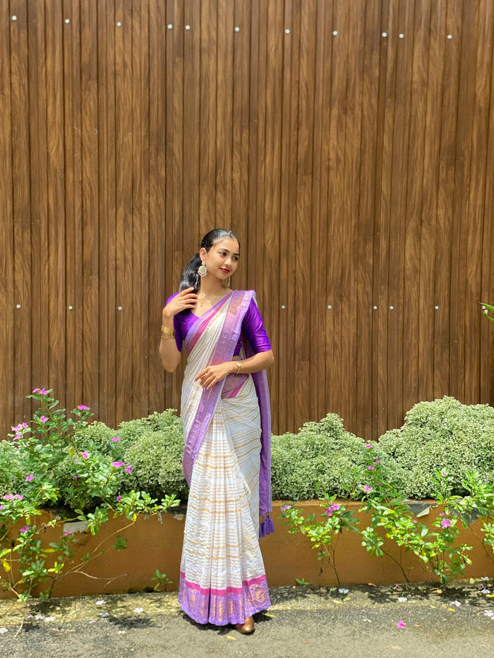 Customer wearing Mul Cotton Saree — Lavender Border