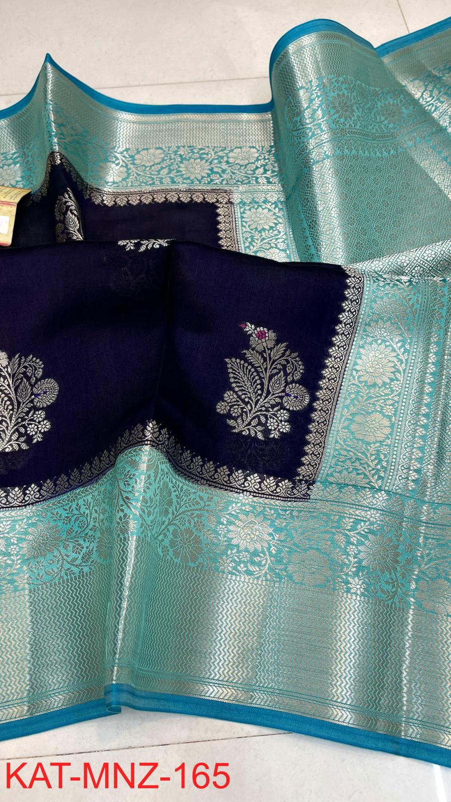 Kanjivaram Powerloom Silk Saree — Navy Blue with Teal Border