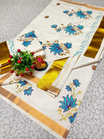 Kerala Cotton Kasavu Saree — Blue Lotus (Kalamkari)