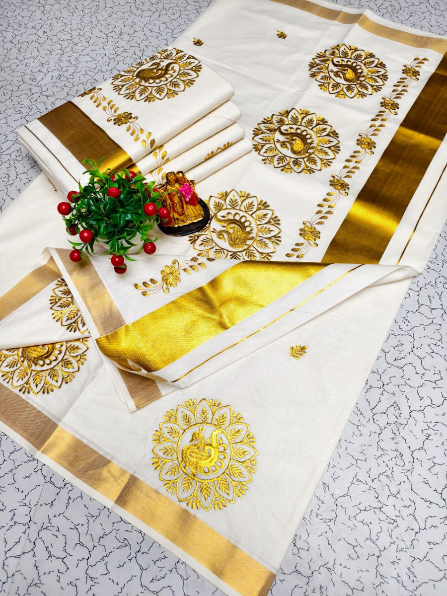 Kerala Cotton Kasavu Saree — Gold Mandala