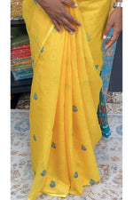 Linen Cotton Saree — Yellow with Pen Kalamkari Blouse