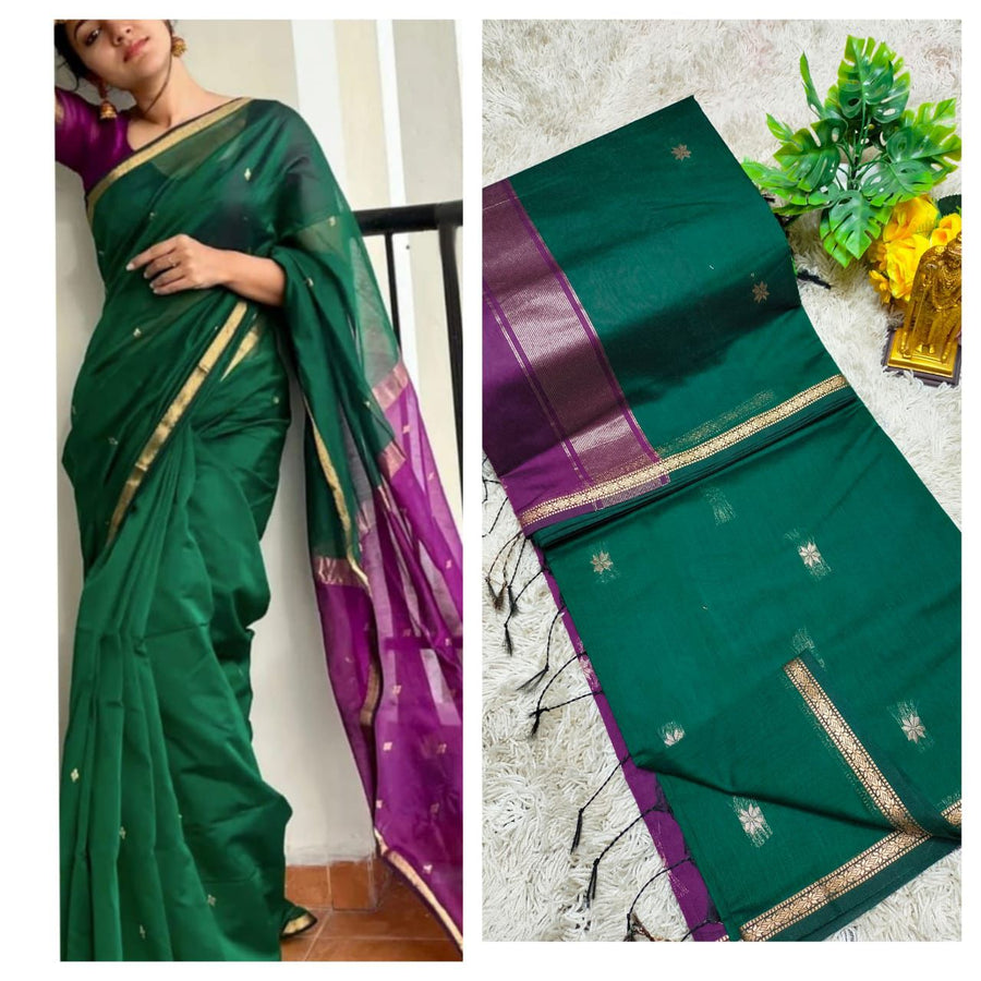 Maheswari Saree — Deep Green with Purple Border
