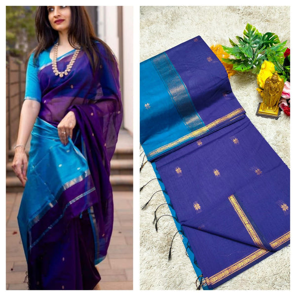 Maheswari Saree — Deep Navy with Teal Border