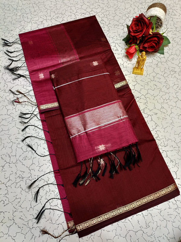 Maheswari Saree — Maroon with Silver Border