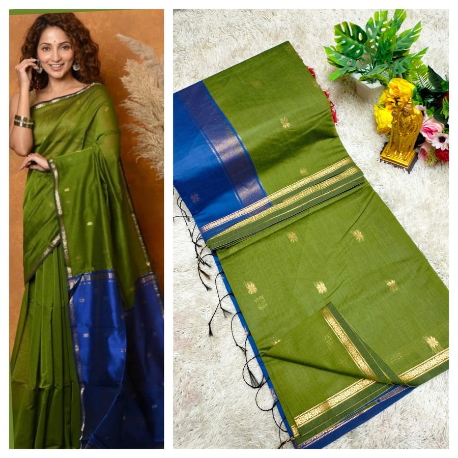 Maheswari Saree — Olive Green with Royal Blue Border