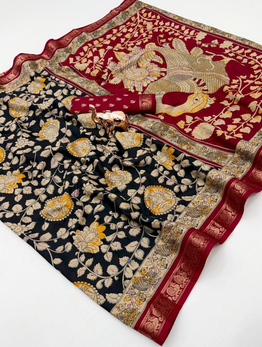 Soft Mul Cotton Saree — Black with Red Kalamkari Pallu