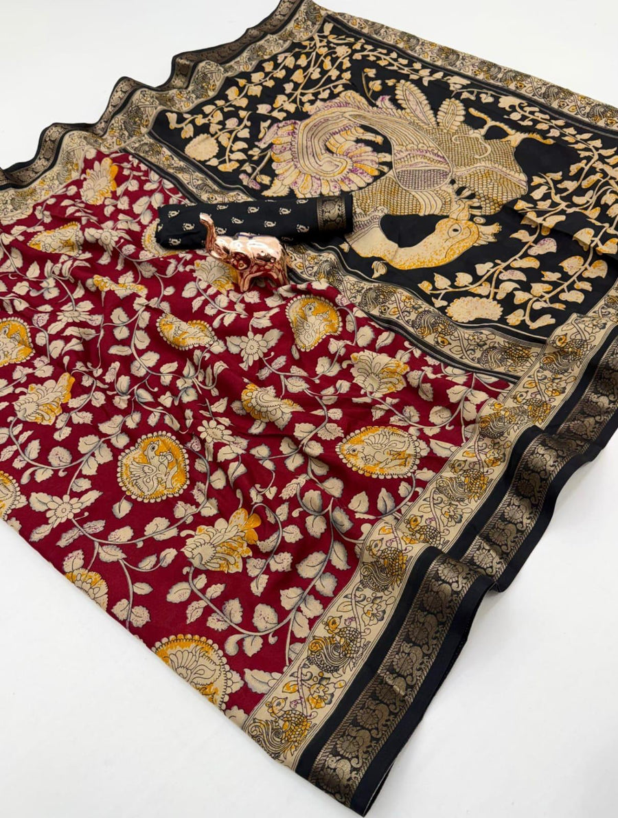 Soft Mul Cotton Saree — Red with Black Kalamkari Pallu