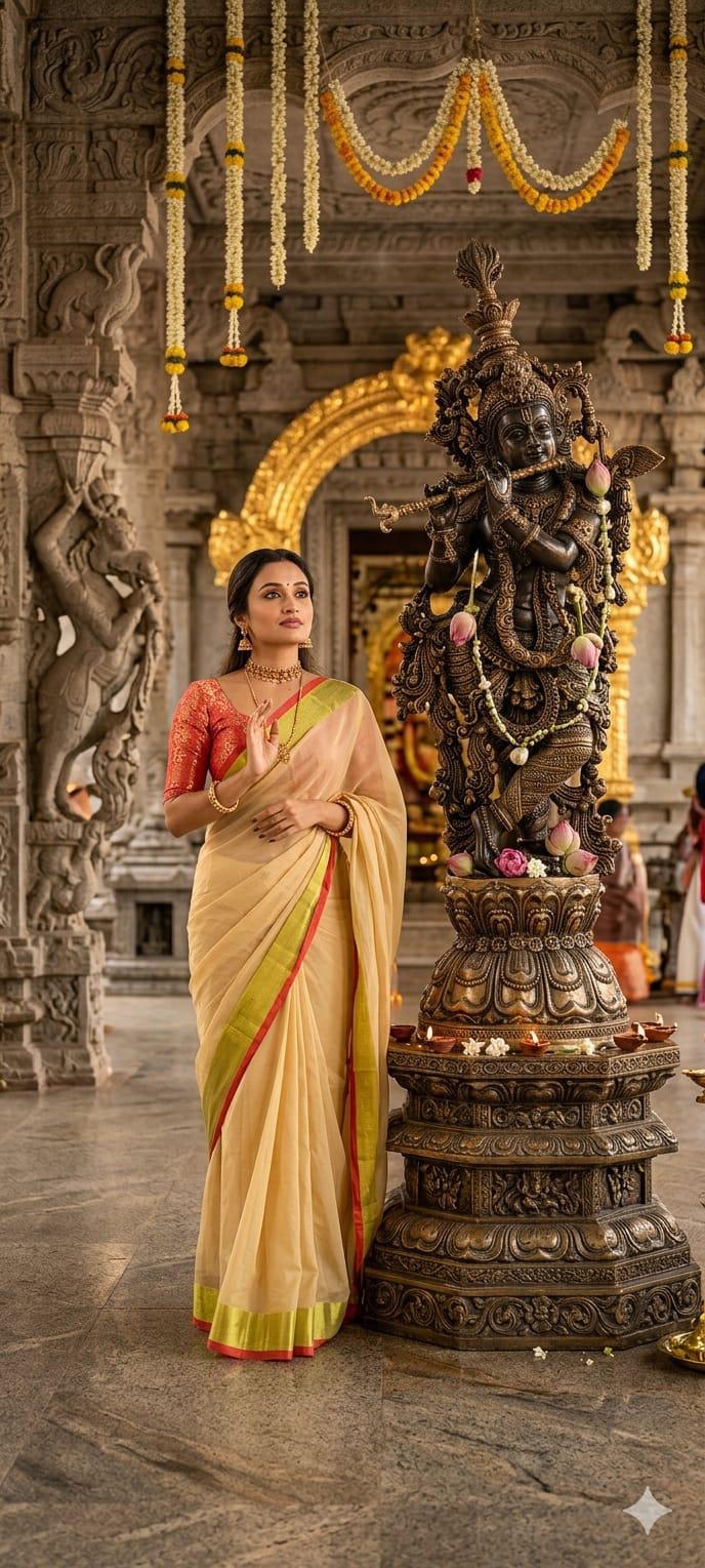 Mul Mul Cotton Saree — Cream with Green Border
