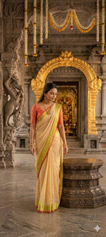Mul Mul Cotton Saree — Cream with Green Border