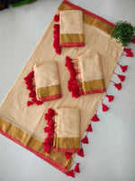 Mul Mul Cotton Saree — Cream with Red Border