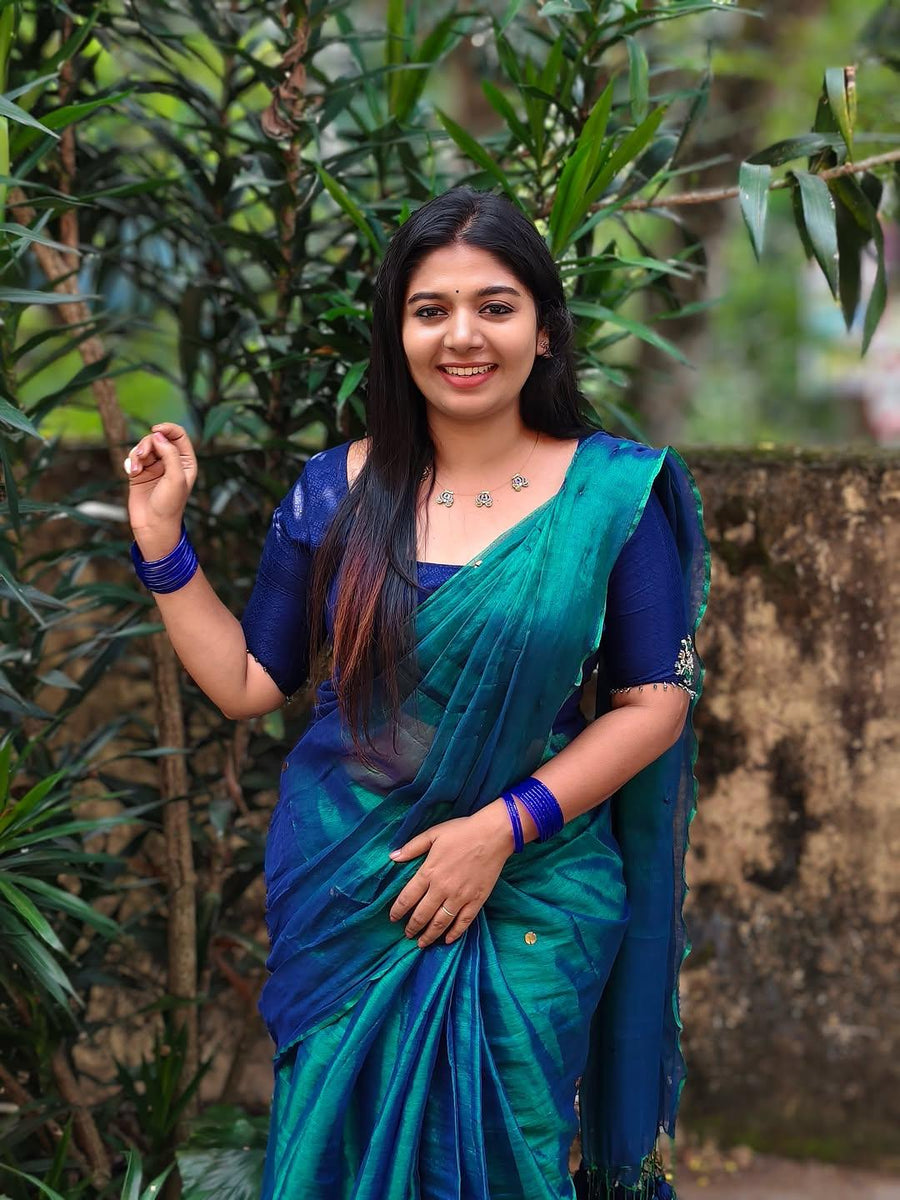 Trendy Tissue raga silk Peacock Blue with blue tussel, premium quality