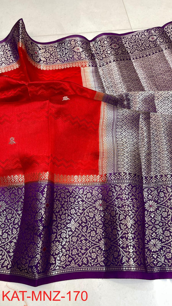 Pure Raw Mango Silk Saree — Red with Purple Border