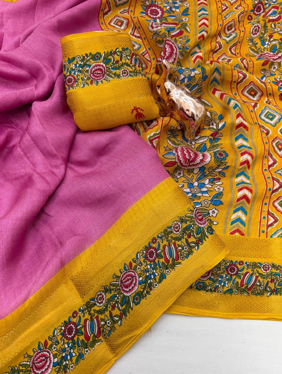 Soft Dola Silk Saree — Pink with Kalamkari Pallu