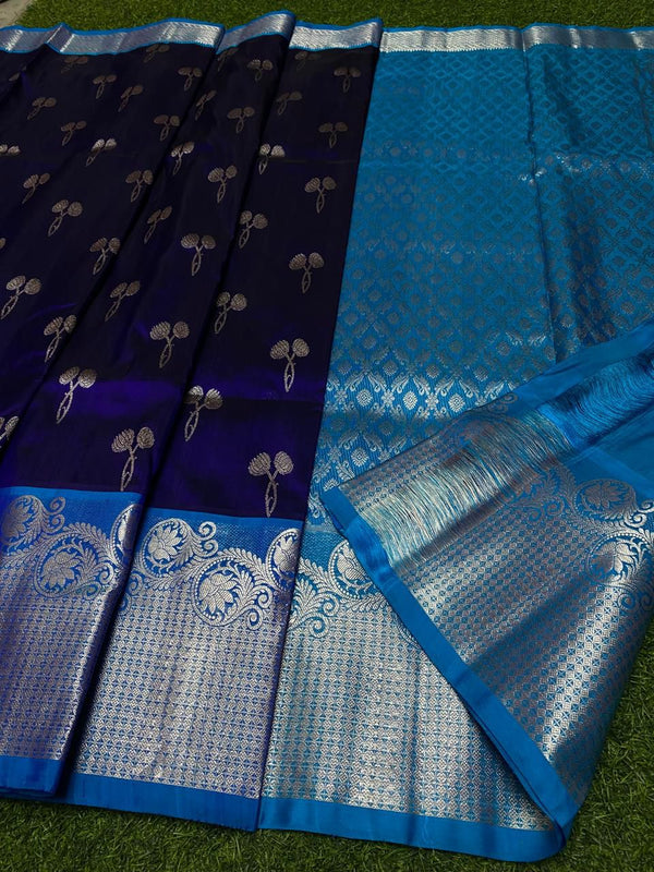 Venkatagiri Handloom Pattu — Navy Blue with Sky Blue Border