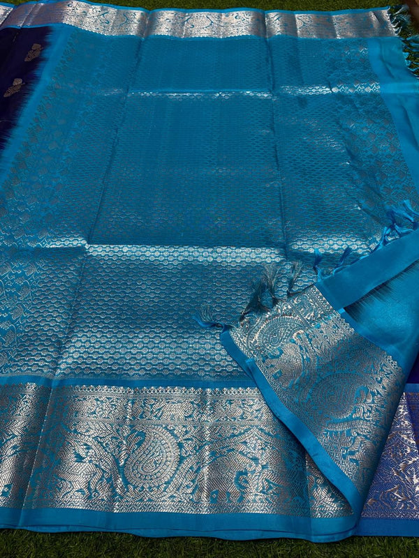 Venkatagiri Handloom Pattu — Navy Blue with Teal Border