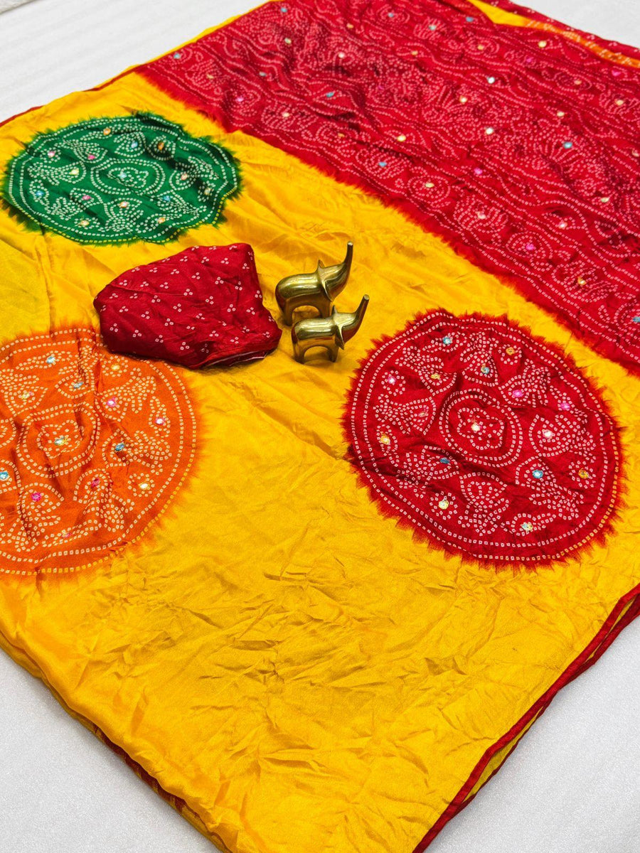 Moss Bandhani Print Saree - Yellow with multi color