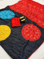 Moss Bandhani Saree with Mirror Work - Black with multi color