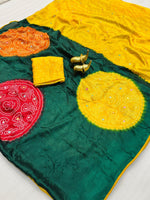 Moss Bandhani Print Saree  Green -  with multi color