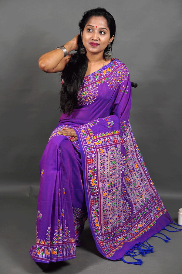 khadi by cotton - Madhubani printed sarees , purple