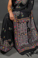 khadi by cotton - Madhubani printed sarees , black