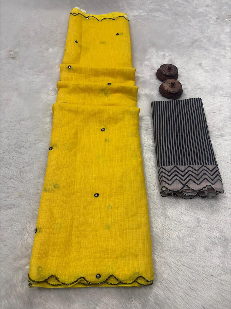 Soft linen cotton saree -Yellow