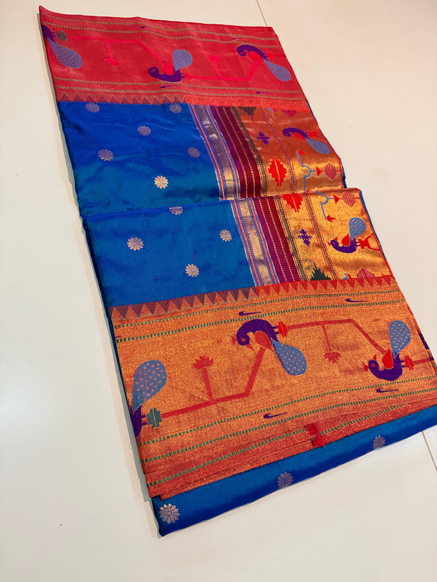 Pure Silk paithani Morpoppat Peacock border Brocade.