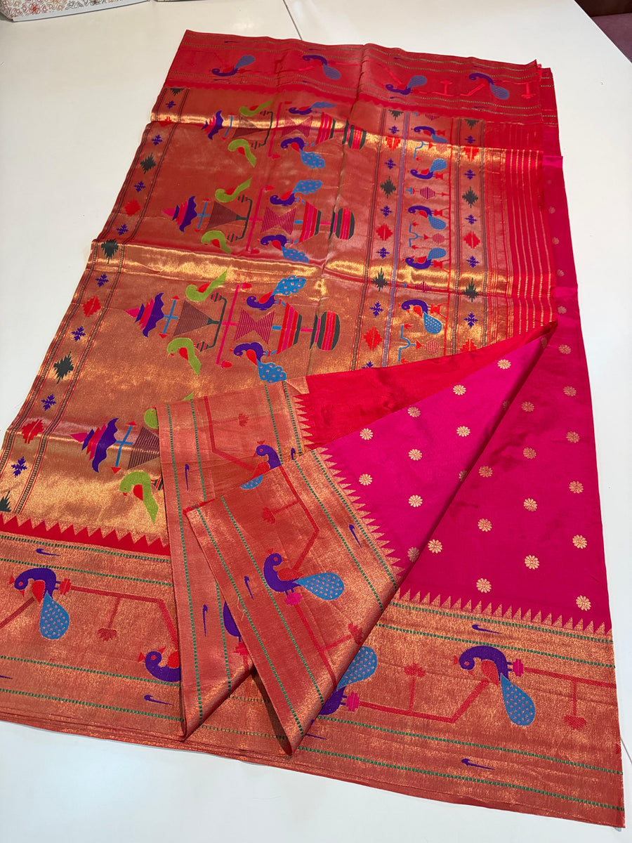 Pure Silk paithani Morpoppat Peacock border Brocade.