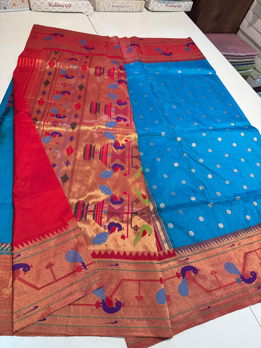 Pure Silk paithani Morpoppat Peacock border Brocade.